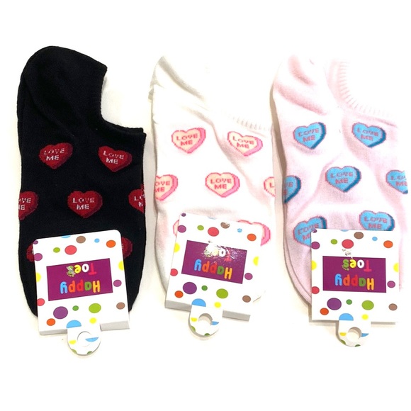 Conversation Heart Socks 3 Pair One Size Black White Pink - Picture 4 of 6